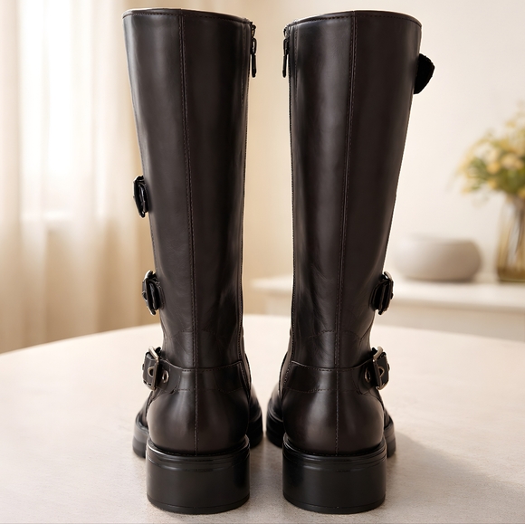 Wild Fable Womens Faux Brown Leather Knee Hi Moto Buckle Boots - Size 8.5 - Picture 3 of 12